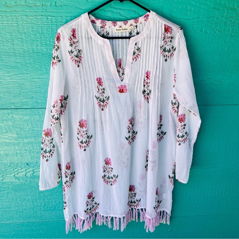 ROLLER RABBIT Pink White Fringe Arelle Ziva Tunic Top $148 Retail SIZE MEDIUM - Picture 1 of 12